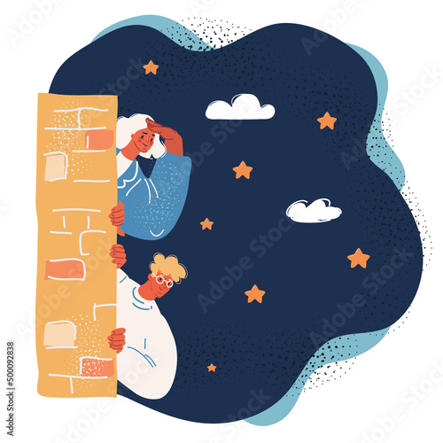 Cartoon vector illustration of People peeping. young men and women lookштп out from behind the wall