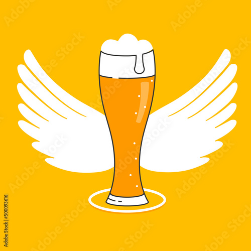 A glass of light beer with white wings on the back. Vector isolated image on orange background