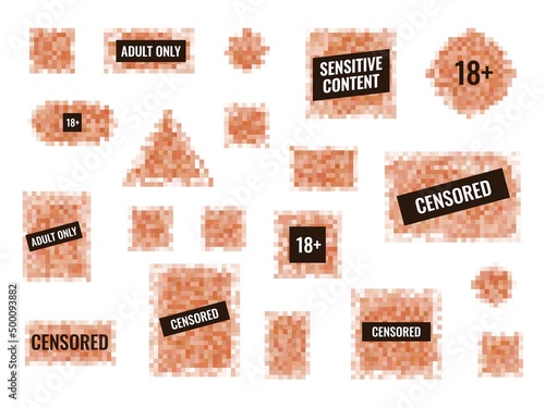 Censorship mosaic signs. Secret abstract blurred pixels. Photo and video content. Image security locks. Parental control. Restricted access. Pixelated body. Vector censored nudity set