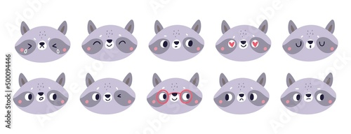 Funny raccoon emoji stickers. Cartoon forest character. Little forest animal faces. Different emotions. Positive and negative mood. Happy or sad snouts. Vector muzzle emoticons set