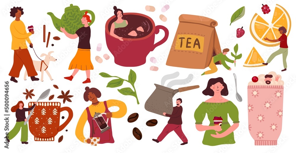 Hot drinks people. Funny tiny men and women with big objects. Tasty beverages and desserts. Leaves and beans. Espresso preparing. Huge cups or teapot. Vector coffee and tea lovers set Hot drinks people. Funny tiny men and women with big objects. Tasty beverages and desserts. Leaves and beans. Espresso preparing. Huge cups or teapot. Vector coffee and tea lovers set