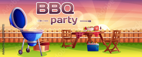 BBQ party cartoon banner or invitation. Barbecue picnic in outdoor backyard with cooking grill meat, food and drink on table. Hot grilled steak on fire on green summer lawn in home yard on sunset.