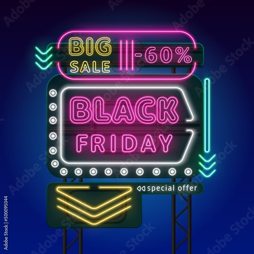 Neon signboard. Advertising luminous stand. Shopping signage on night background. Black Friday. Discounts and sales glowing billboard with arrows. Electric light signpost. Vector concept