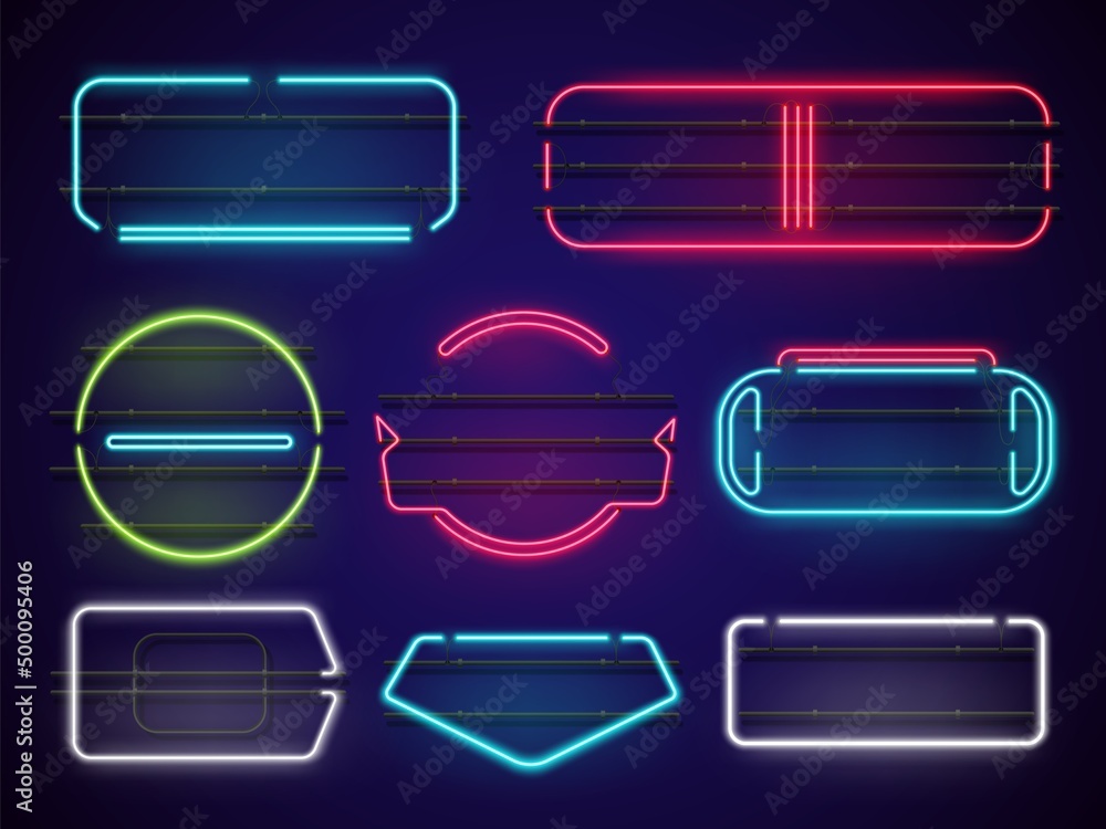 Realistic blank neon frames. Glowing borders on dark background. Fastening structures. Geometric shapes. Round and square signboards. Advertising signs. Vector luminous elements set