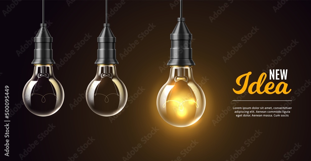 Realistic light bulbs idea poster. Glow lamp. Creative and inspiration energy. Electricity objects. Business insight. Lightbulb classical shape. Hanging on wire lantern. Vector concept - obrazy, fototapety, plakaty 