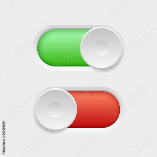 Realistic on and off button. 3D switches. Web interface design elements. Red and green sliders. Different positions. Dashboard toggles. UI turn icons. Panel regulator. Vector concept