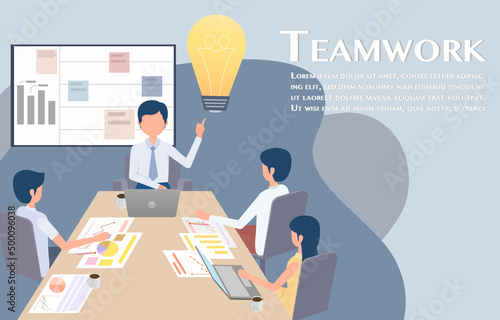 Teamwork concept. The boss has the idea to make the organization the most profitable. Brainstorm as a team. Vector illustration Eps10.