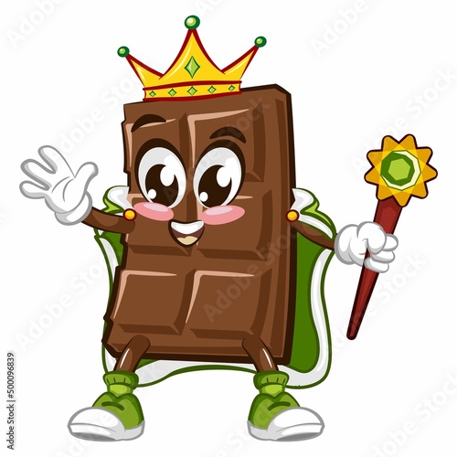 Cute chocolate bar character with funny face being king, cartoon vector illustration isolated, funny chocolate character, mascot, emoticon