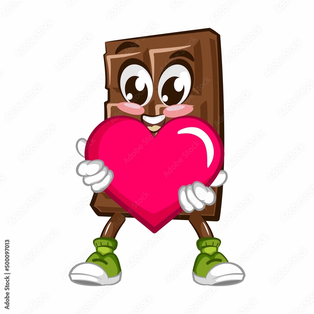 Cute chocolate bar character with funny face hugging a pink heart, cartoon vector illustration isolated, funny chocolate character, mascot, emoticon