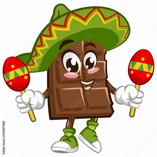 Cute chocolate bar character with funny face mascot wearing sombrero with playing maracas, cartoon vector illustration isolated on white background. Funny chocolate character, mascot, emoticon