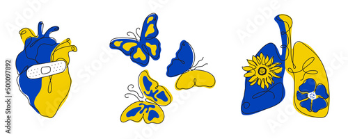 Set of vector illustration with lungs, cornflower, sunflower, heart and butterflies in nationality Ukrainian flag color. Global politics, NO WAR, aggression problem picture in continuous line art