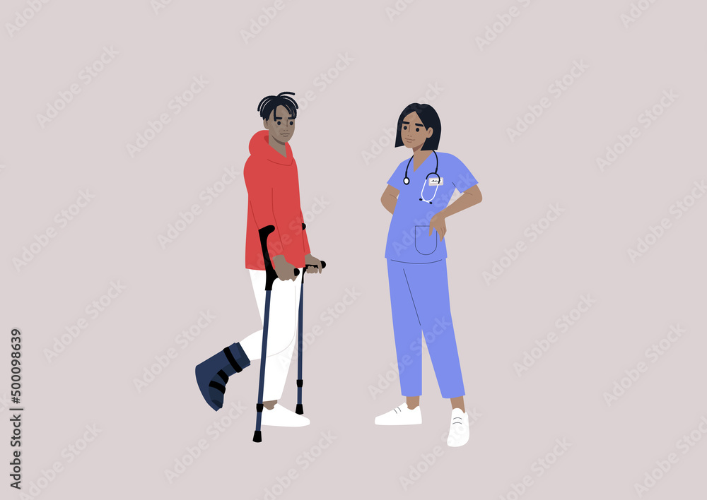 A patient with a bone fracture using crutches on a checkup appointment with a doctor A patient with a bone fracture using crutches on a checkup appointment with a doctor