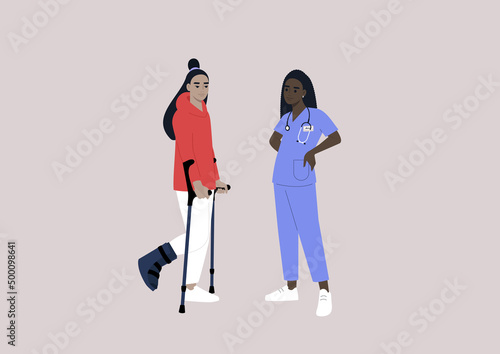 A patient with a bone fracture using crutches on a checkup appointment with a doctor