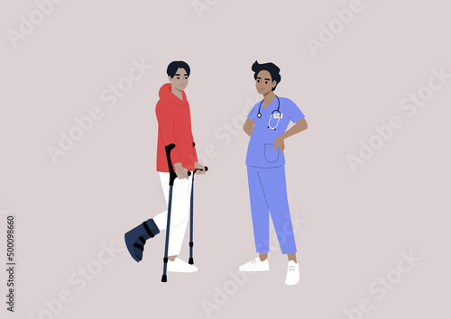 A patient with a bone fracture using crutches on a checkup appointment with a doctor