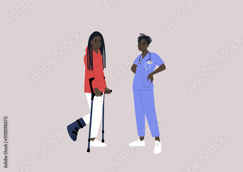 A patient with a bone fracture using crutches on a checkup appointment with a doctor