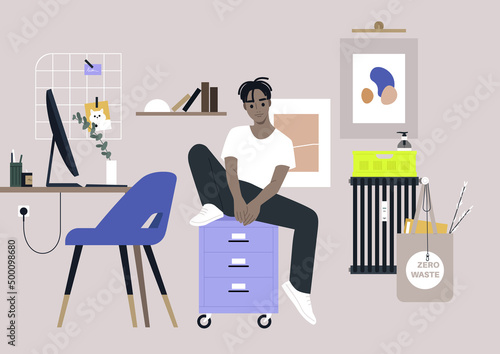 A young male African character sitting on a file cabinet with drawers, a dorm or home office interior