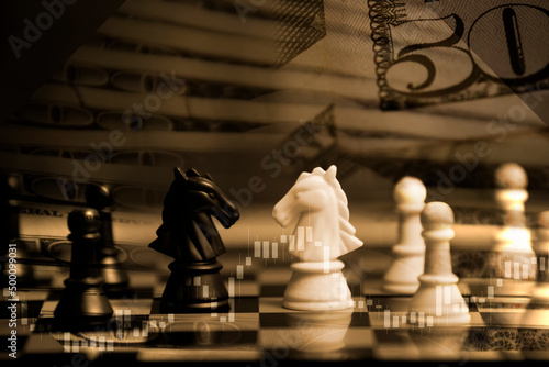 Business strategy competitive ideas concept, Chess game on chess board behind business background. Business present financial and marketing strategy analysis. Investment target in global economy .