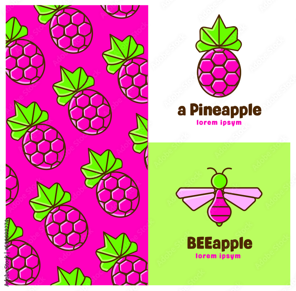 Design template logo with pineapple. Logo with a bee in trendy pink style. Pineapple background, pattern. Design template logo with pineapple. Logo with a bee in trendy pink style. Pineapple background, pattern.