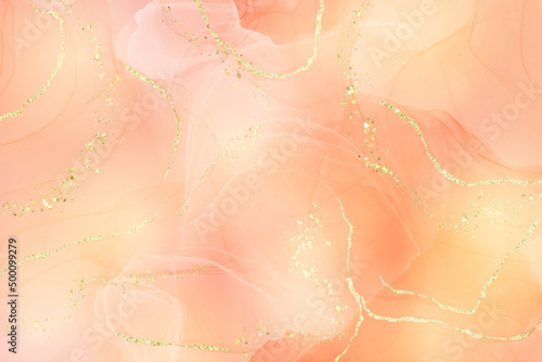 Rose peach liquid watercolor background with golden dots. Dusty blush marble alcohol ink drawing effect. Vector illustration design template for wedding invitation, menu, rsvp