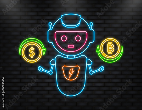 Flat bot banner. Financial investment trade. Artificial intelligence. Mobile stock trading concept.