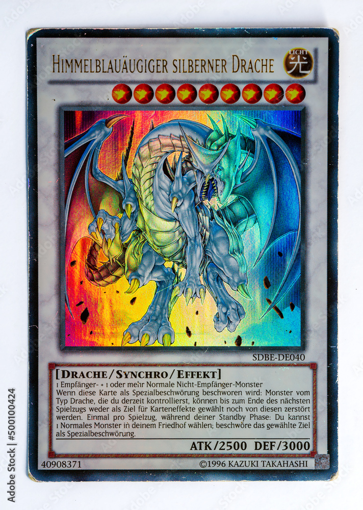 Hamburg, Germany - 12212021: picture of the German V1 Ultra Rare Yu Gi Oh  card Azure Eyes Silver Dragon from the Structure Deck Saga of Blue Eyes  White Dragon set. Stock Photo