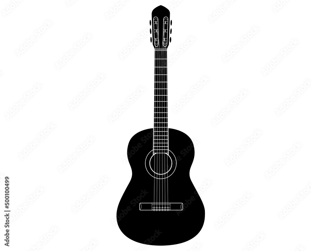 Black silhouette Acoustic guitar isolated on white background. Vector illustration