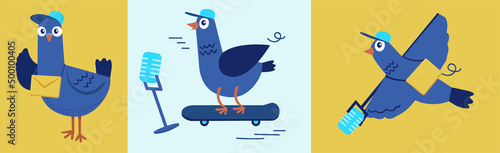 Media pigeon. Carrier pigeon character. Email concept delivery of mail and letters. Vector illustration, Bird on a skateboard. 