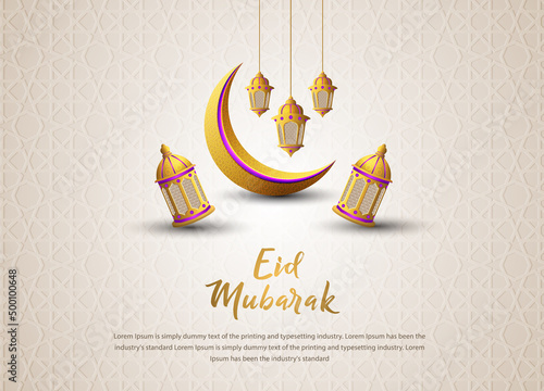 Eid al Fitr Eid Mubarak background banner design with golden lanterns and moons
