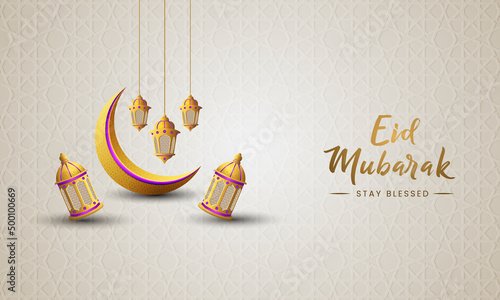 Eid al Fitr Eid Mubarak background banner design with golden lanterns and moons