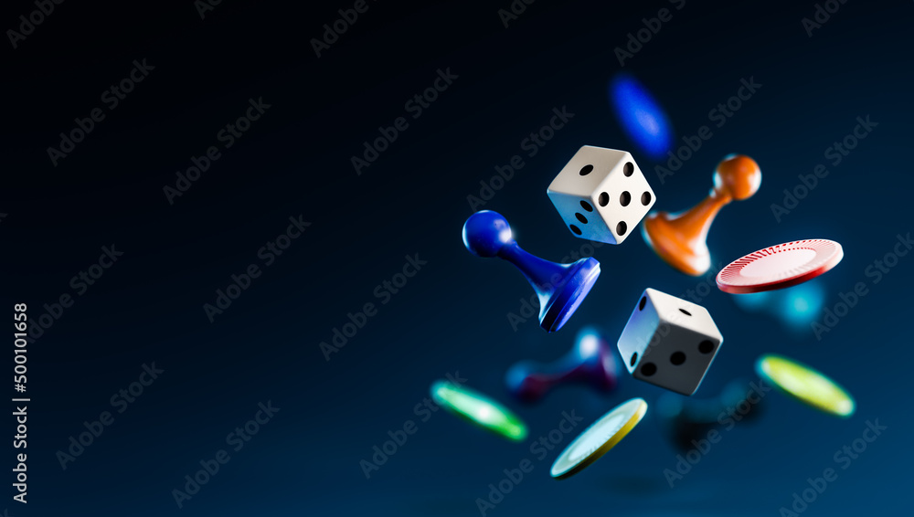 Assorted game board pieces in mid air. 3D illustration, Rendering - obrazy, fototapety, plakaty 