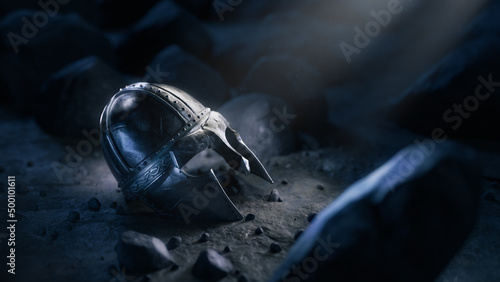 Medieval knight helmet abandoned in a cave. 3D rendering, illustration