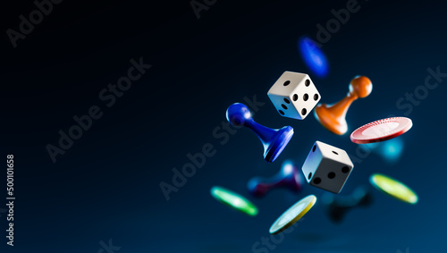 Assorted game board pieces in mid air. 3D illustration, Rendering photo