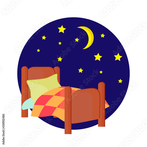 bed, night, crescent moon, star. vector illustration