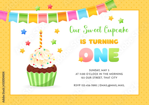 
Birthday invitation card template for children party. Our Little Cupcake is turning one. Cute illustration of a cupcake decorated with burning candle and bunting flags on a yellow dotted background. 