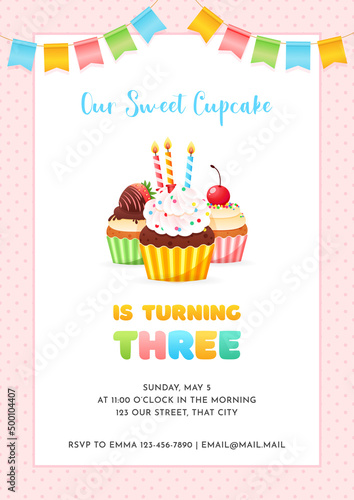  Birthday invitation card template for children party. Our Sweet Cupcake is turning three. Cute illustration of three cupcakes and bunting flags on a pink dotted background.