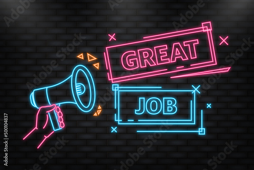 Neon Icon. Megaphone blue banner with great job sign. Vector illustration