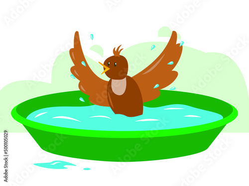 Vector illustration - a little sparrow splashing merrily in a green bath with clean water in the garden. Concept - bird care