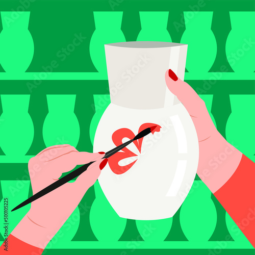 Vector illustration - women's hands hold a blank ceramic vase and draw a flower close-up with a brush. Concept - painting dishes and hobbies