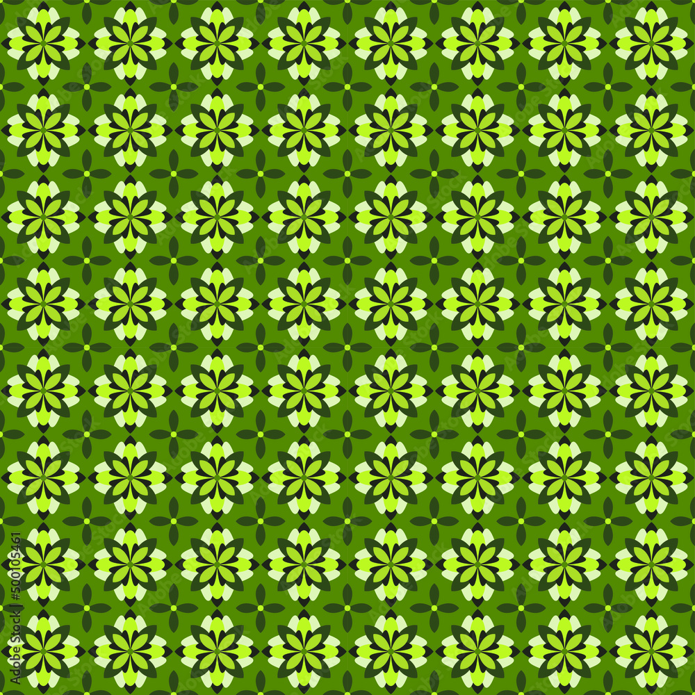 Vector illustration is a seamless geometric bright green pattern with a floral motif. Concept - fabric, wallpaper or paper Vector illustration is a seamless geometric bright green pattern with a floral motif. Concept - fabric, wallpaper or paper