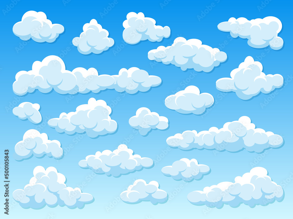 Various round clouds with shadow on blue gradient background. Summer sky panorama. Simple cartoon cloud. Flat design. Vector illustration.