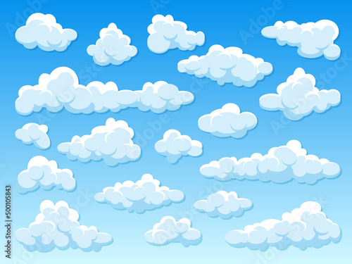 Fototapeta Naklejka Na Ścianę i Meble -  Various round clouds with shadow on blue gradient background. Summer sky panorama. Simple cartoon cloud. Flat design. Vector illustration.