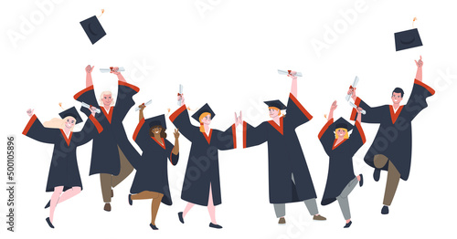 Graduates in special clothes with diplomas. Boys and girls at graduation. Flat vector illustration. Eps10