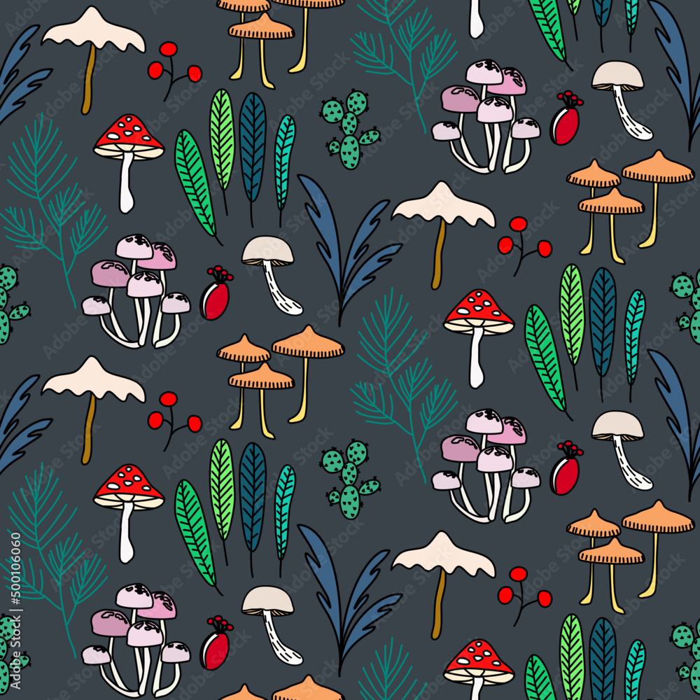 Naklejka premium Vector seamless half-drop pattern, with mushrooms and cactus