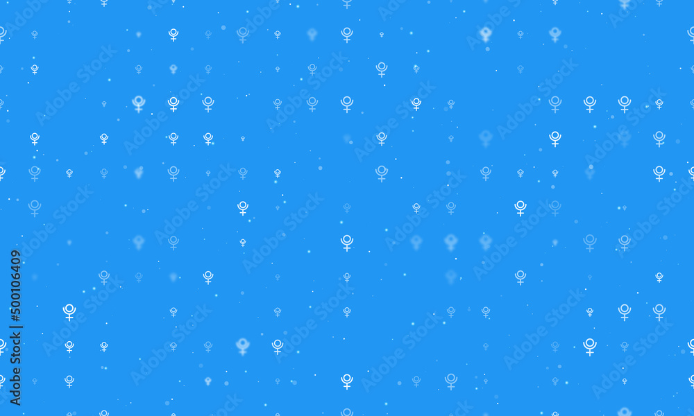 Seamless background pattern of evenly spaced white astrological pluto symbols of different sizes and opacity. Vector illustration on blue background with stars