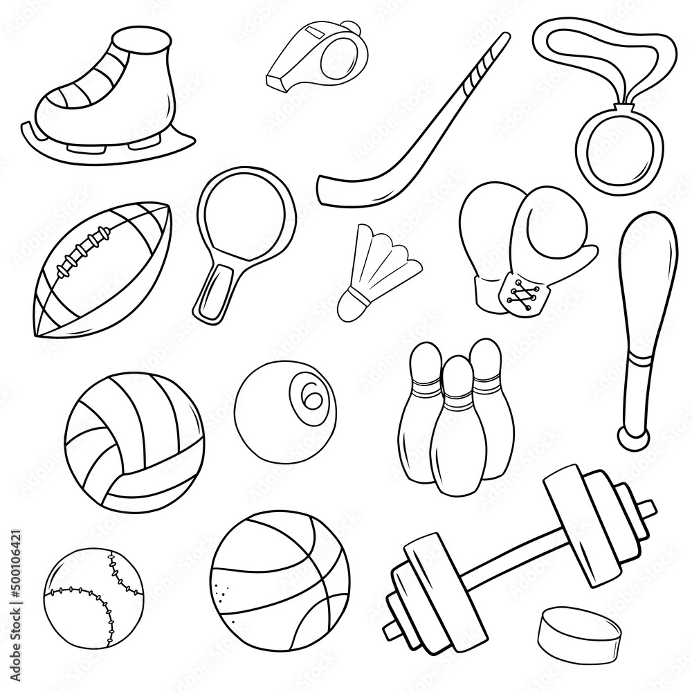 A large set of sports attributes, inventory, vector illustration , sketch line