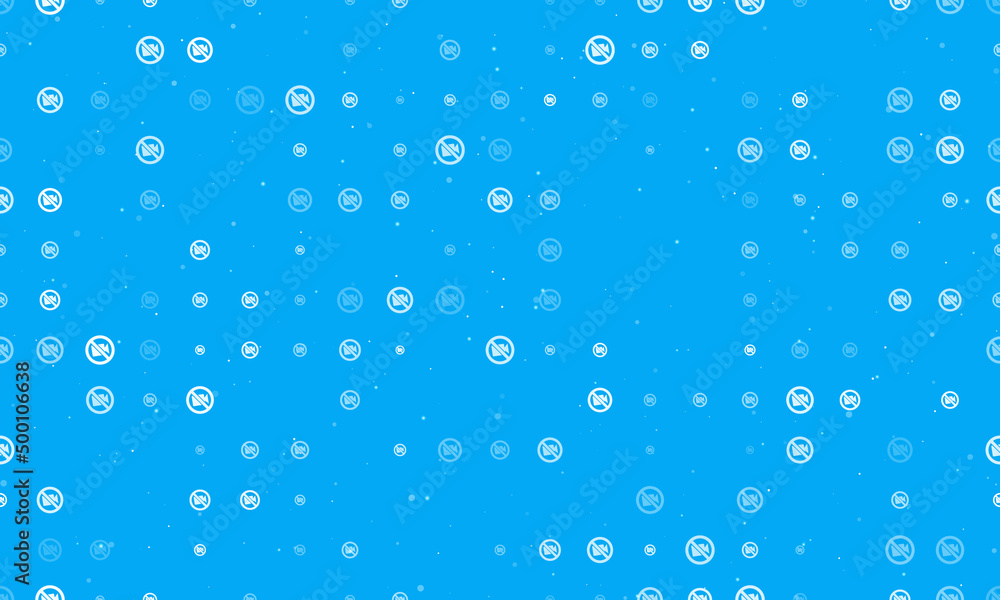Seamless background pattern of evenly spaced white no video symbols of different sizes and opacity. Vector illustration on light blue background with stars