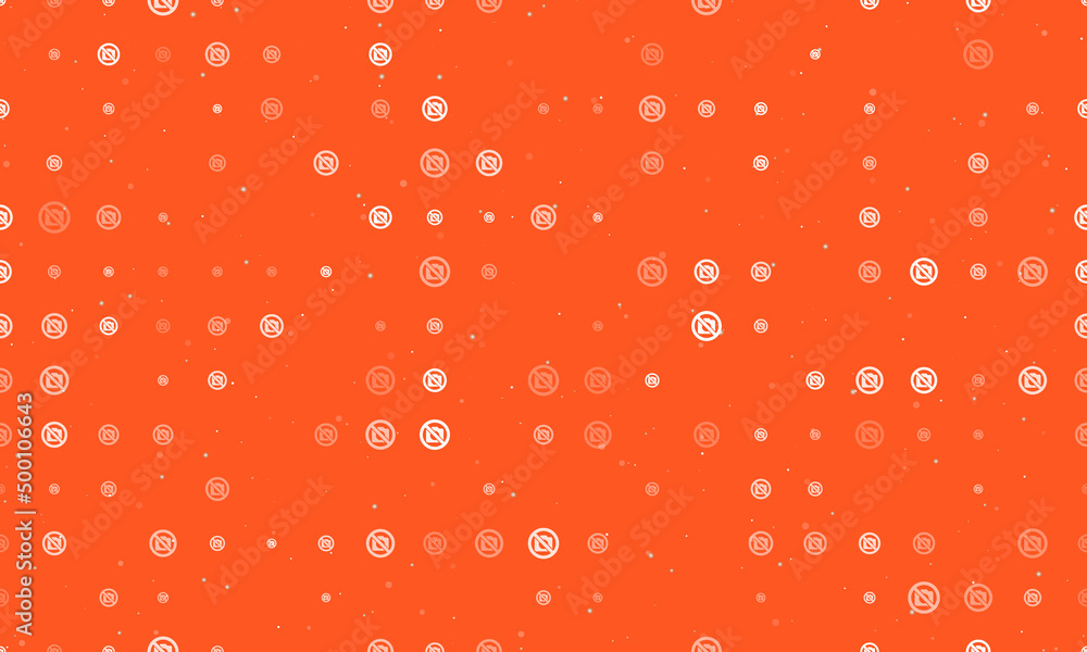Seamless background pattern of evenly spaced white no photo symbols of different sizes and opacity. Vector illustration on deep orange background with stars Seamless background pattern of evenly spaced white no photo symbols of different sizes and opacity. Vector illustration on deep orange background with stars