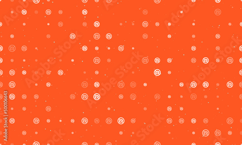 Seamless background pattern of evenly spaced white no photo symbols of different sizes and opacity. Vector illustration on deep orange background with stars