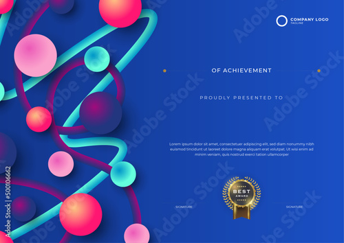 Certificate of appreciation template, gold and blue color. Clean modern certificate with gold badge. Certificate border template with luxury and modern line pattern. Diploma vector template