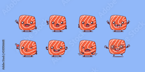 salmon meat cartoon. Sashimi japanese food vector illustration. with different faces and expressions